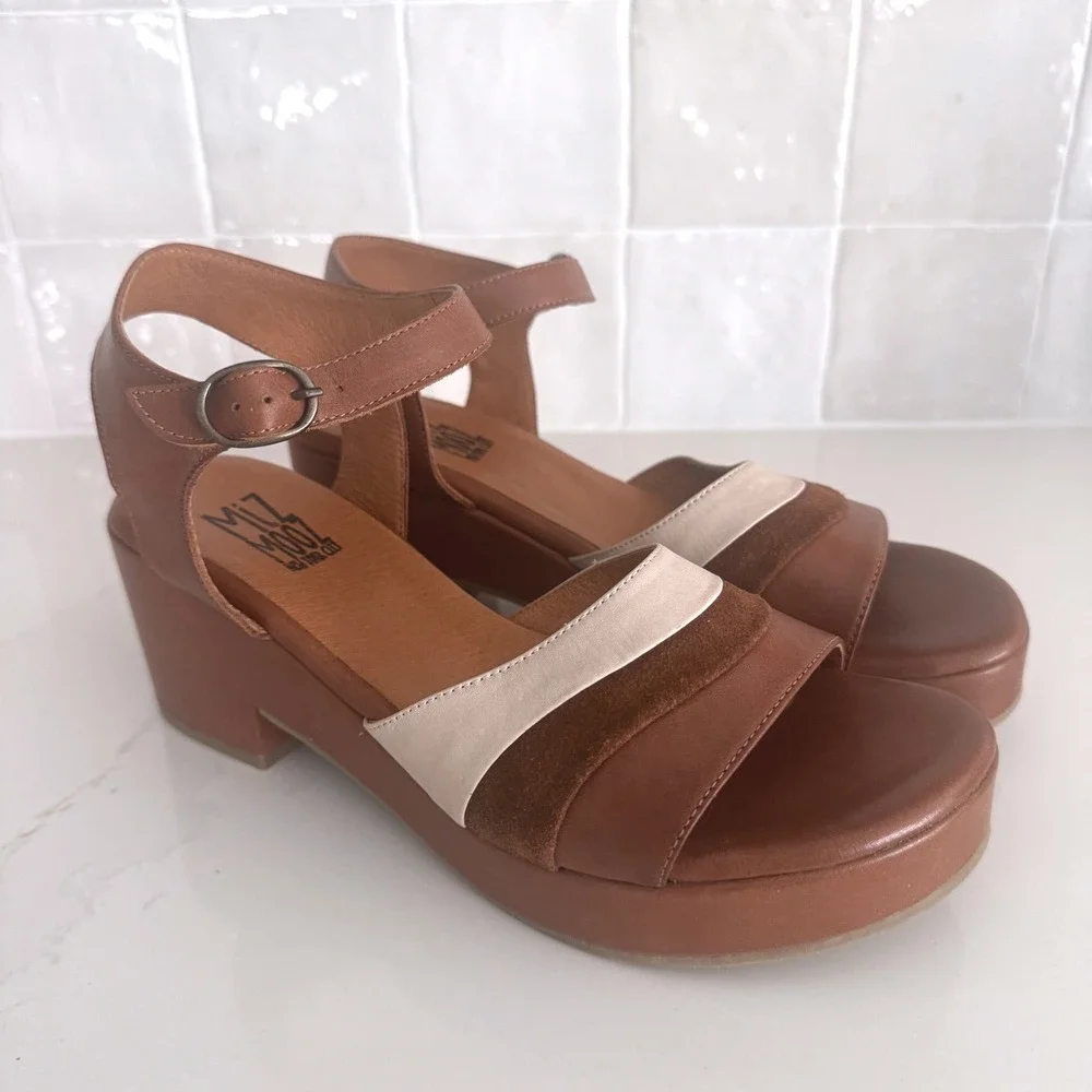 Miz Mooz Gala Platform Sandals Women 39 Brandy Brown Leather Ankle Strap NWOT
